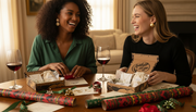 Relaxed holiday gift wrapping scene with VerdantLuxe packaging and wine
