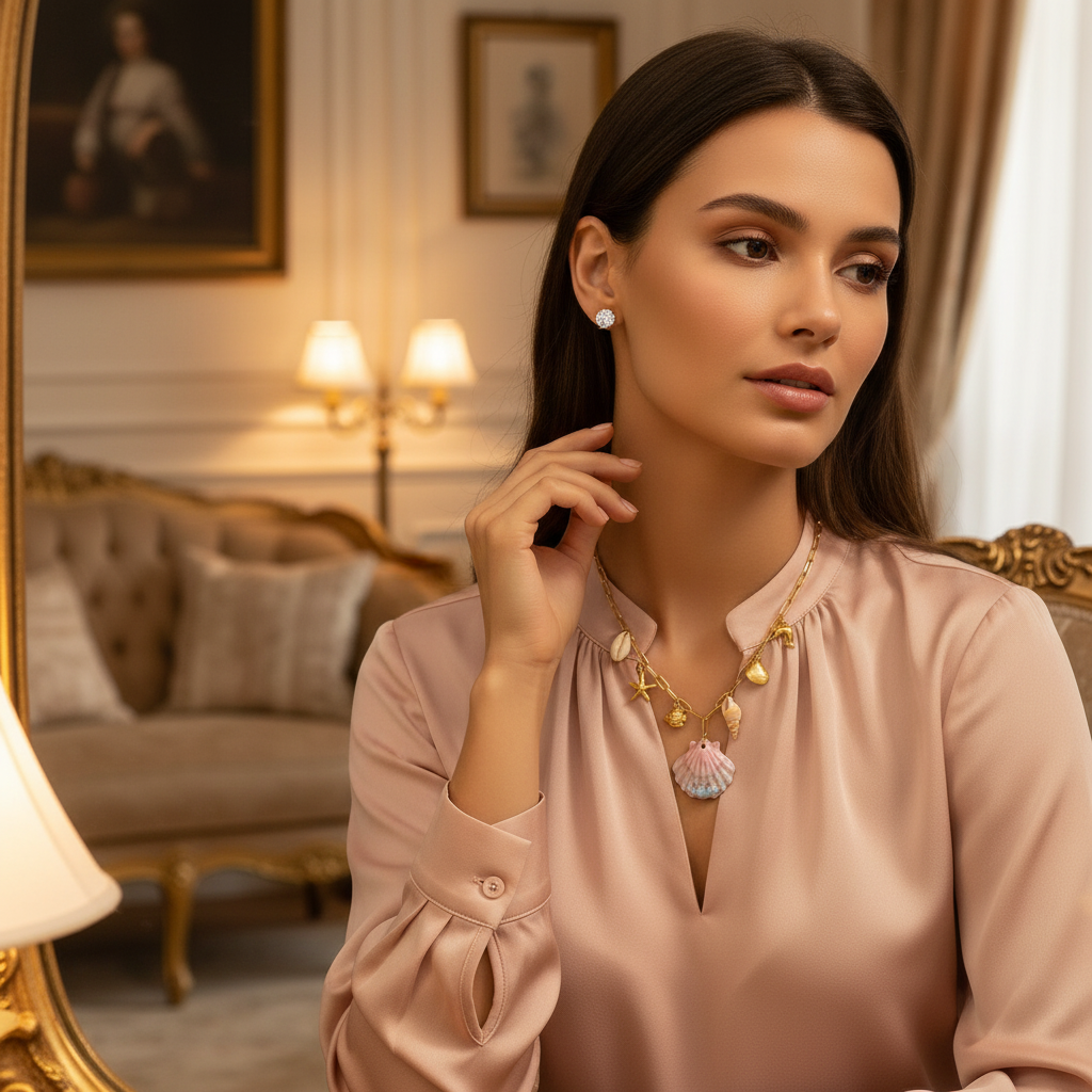 Woman getting ready with coastal necklace and diamond studs